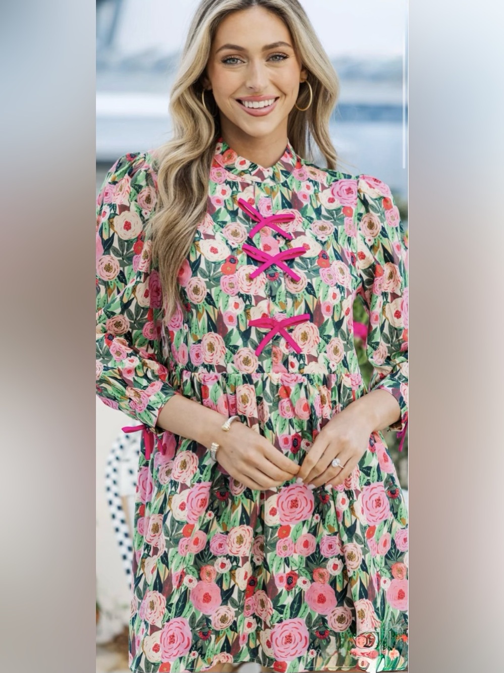Shop The Mint Floral Bow Front Mini Dress Pink, Green, Yellow Small 3/4 Sleeves - Picture 6 of 13